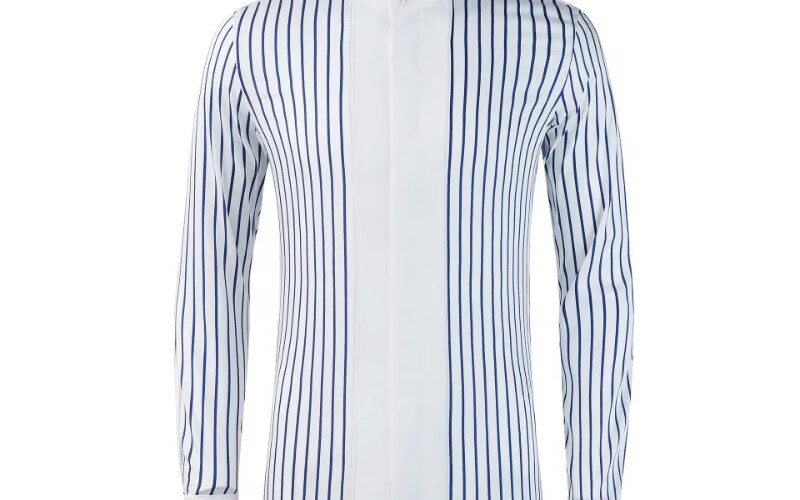 Bestselling striped patchwork long sleeved men’s shirt with stand up collar, silk cotton, light maturity, trendy men