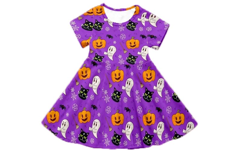 Summer bestselling baby girls girls short sleeve milk silk fabric Halloween pumpkin print pleated dress