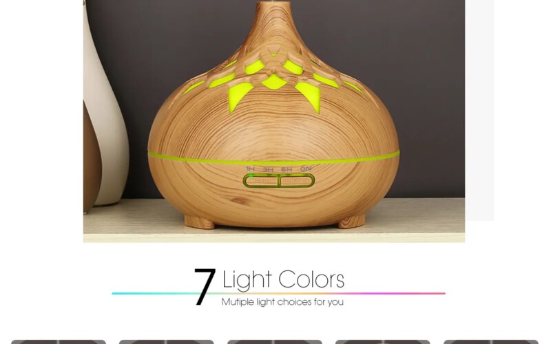 500ML Aromatherapy Essential Oil Diffuser Hollow Wood Grain Remote Control Ultrasonic Air Humidifier Cool with 7 Color LED Light