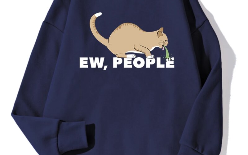 Ew People Funny Vomiting Cat Print Sweatshirt For Men Fashion Crewneck Hoodie Simple Oversize Pullover Casual Warm Sportswear