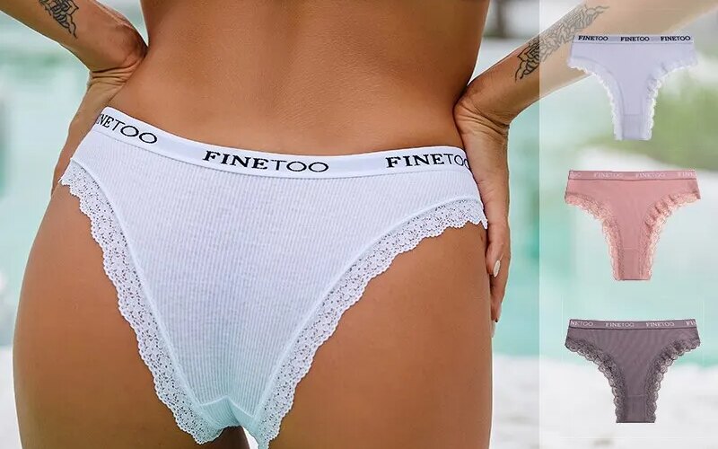 FINETOO 3Pcs Women Cotton Underwear Sexy Lace Edge Ladies Panties Low Waist Solid Color Female Underpants Briefs Intimates