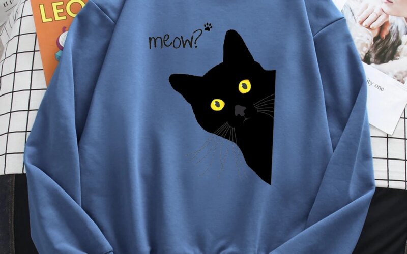 Winter Harajuku Woman Sweatshirt Meow Black Cat Printing Hoodies Comfortable All-Math Pullover Crewneck Loose Female Clothes