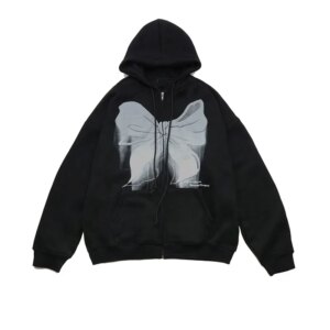 Y2k Europe And America Fan Bow Hooded Cardigan Plus Velvet Sweater Men and Women Loose Tops Oversize Lazy Wind Zipper Coat